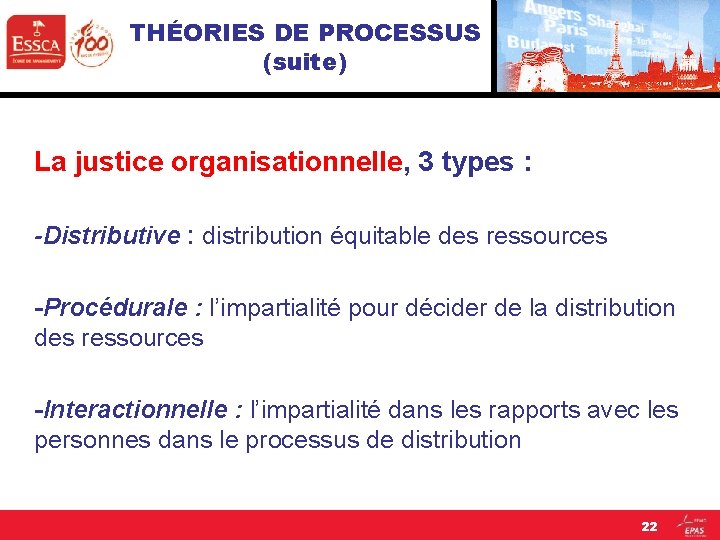 THÉORIES DE PROCESSUS (suite) La justice organisationnelle, 3 types : -Distributive : distribution équitable