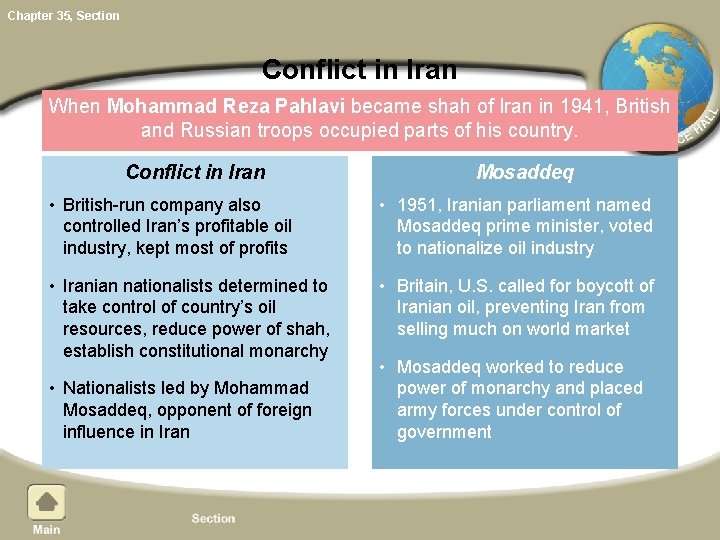 Chapter 35, Section Conflict in Iran When Mohammad Reza Pahlavi became shah of Iran