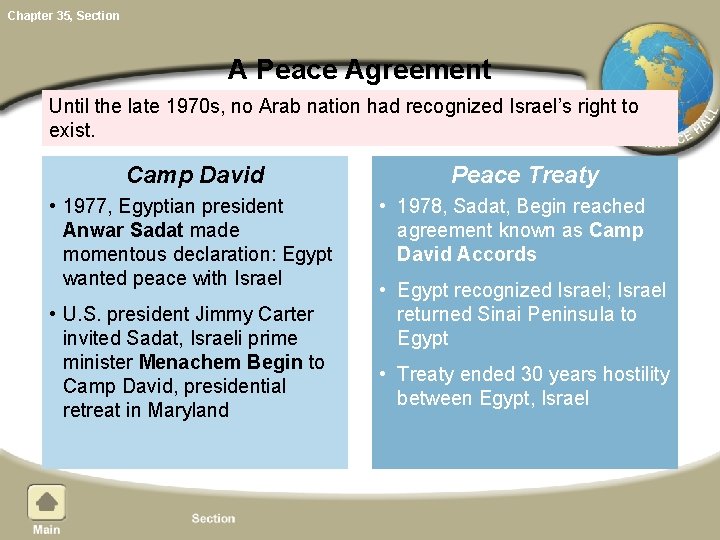 Chapter 35, Section A Peace Agreement Until the late 1970 s, no Arab nation