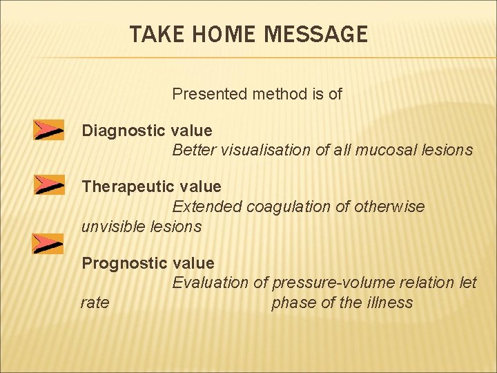 TAKE HOME MESSAGE Presented method is of Diagnostic value Better visualisation of all mucosal