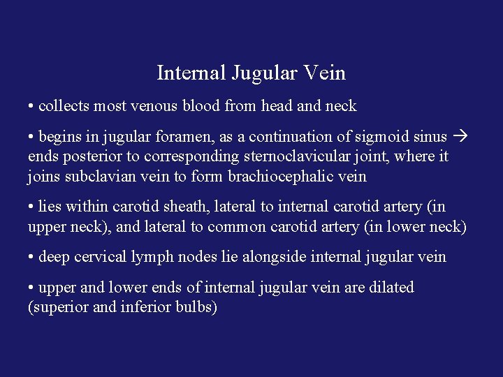 Internal Jugular Vein • collects most venous blood from head and neck • begins