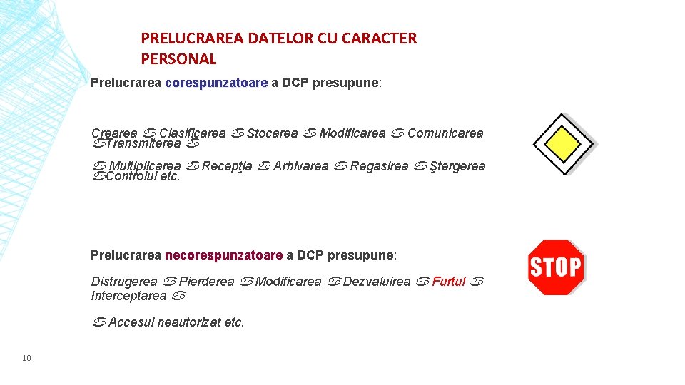 PRELUCRAREA DATELOR CU CARACTER PERSONAL Prelucrarea corespunzatoare a DCP presupune: Crearea Clasificarea Stocarea Modificarea