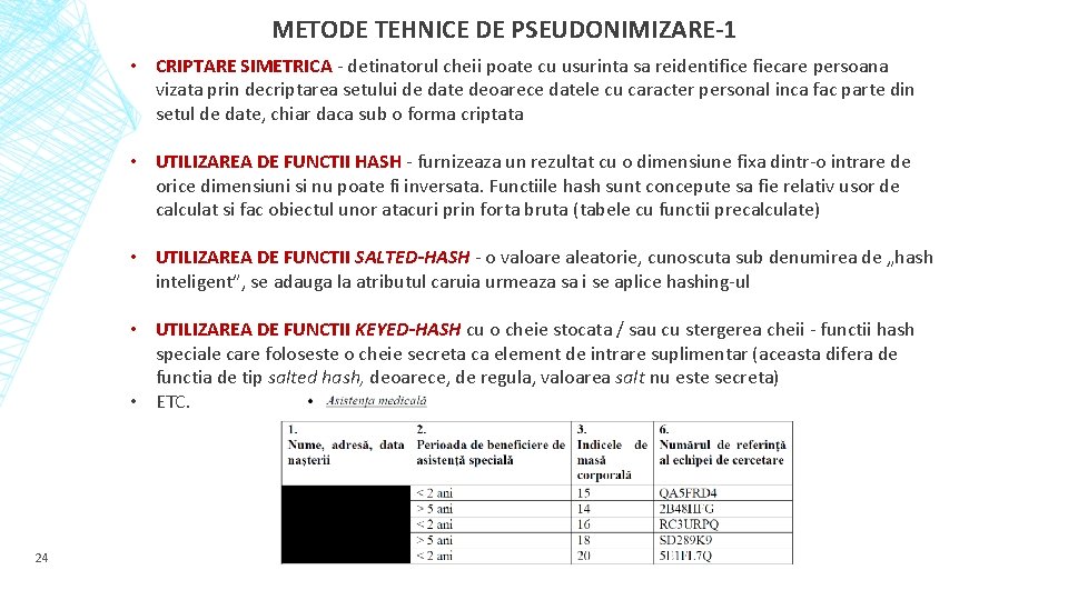 METODE TEHNICE DE PSEUDONIMIZARE-1 • CRIPTARE SIMETRICA - detinatorul cheii poate cu usurinta sa