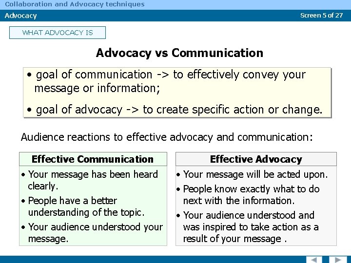 Collaboration and Advocacy techniques Advocacy Screen 5 of 27 WHAT ADVOCACY IS Advocacy vs