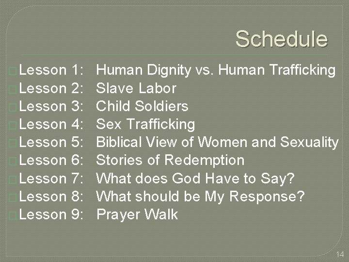 Schedule � Lesson 1: Human Dignity vs. Human Trafficking � Lesson 2: Slave Labor