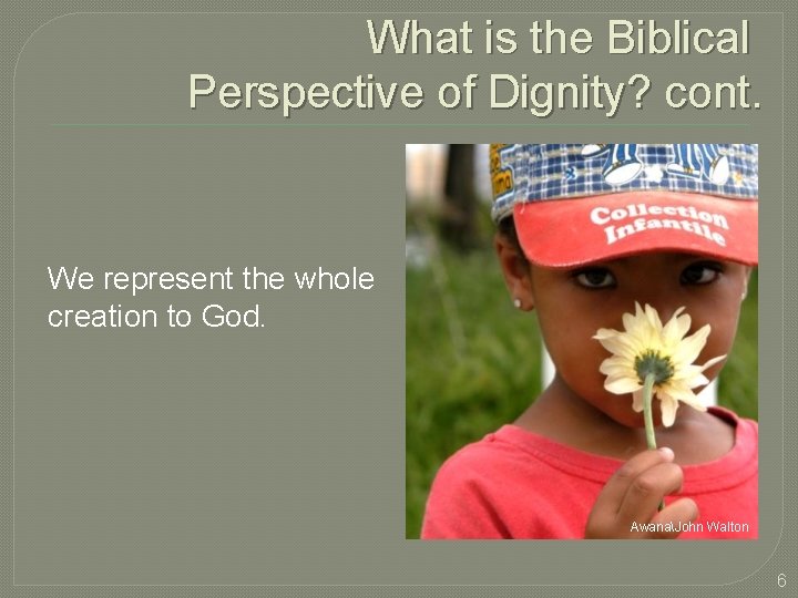 What is the Biblical Perspective of Dignity? cont. We represent the whole creation to