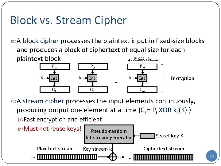 Block vs. Stream Cipher A block cipher processes the plaintext input in fixed-size blocks Block vs. Stream Cipher A block cipher processes the plaintext input in fixed-size blocks