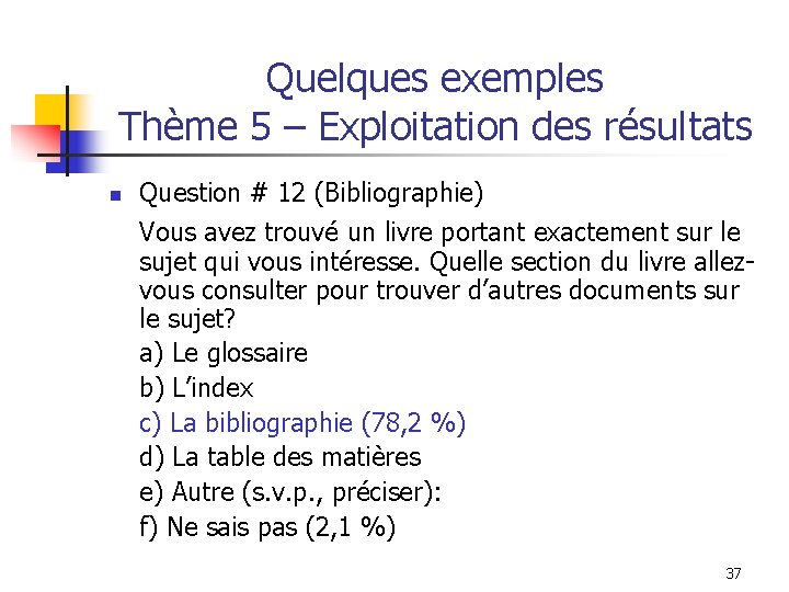 Quelques exemples Thème 5 – Exploitation des résultats n Question # 12 (Bibliographie) Vous Quelques exemples Thème 5 – Exploitation des résultats n Question # 12 (Bibliographie) Vous