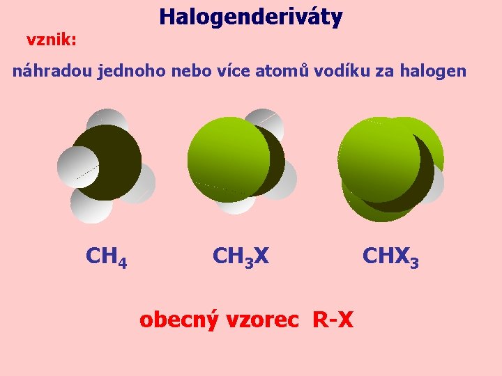 Halogenderiváty vznik: náhradou jednoho nebo více atomů vodíku za halogen CH 4 CH 3