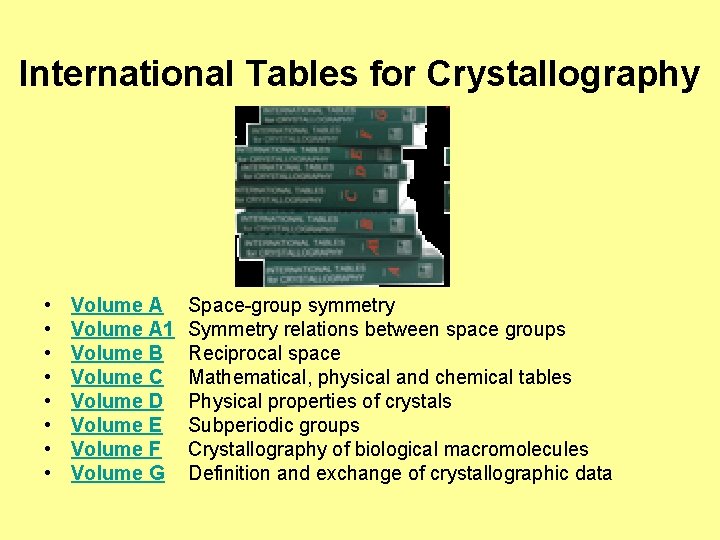 International Tables for Crystallography • • Volume A 1 Volume B Volume C Volume