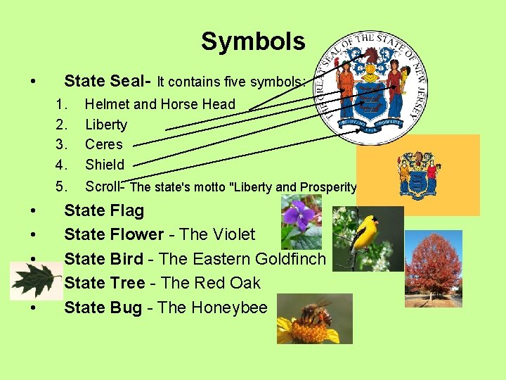 Symbols • • • State Seal- It contains five symbols: 1. 2. 3. 4.