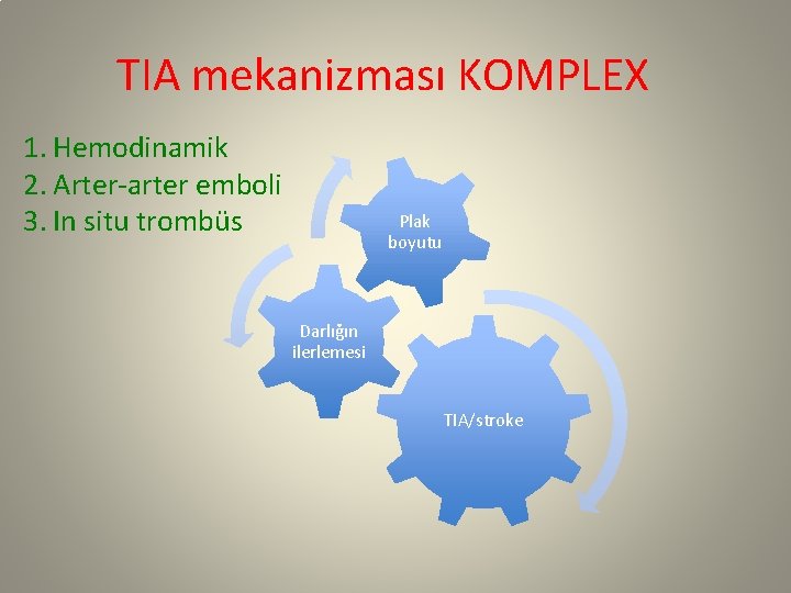 TIA mekanizması KOMPLEX 1. Hemodinamik 2. Arter-arter emboli 3. In situ trombüs Plak boyutu