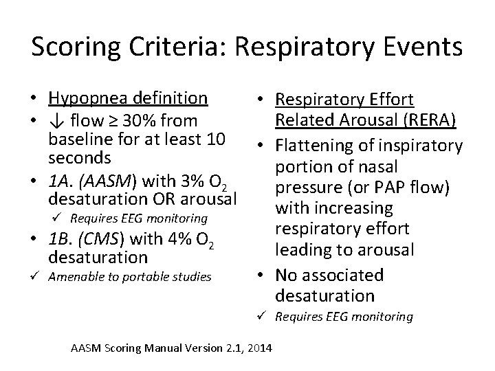 Scoring Criteria: Respiratory Events • Hypopnea definition • Respiratory Effort Related Arousal (RERA) •