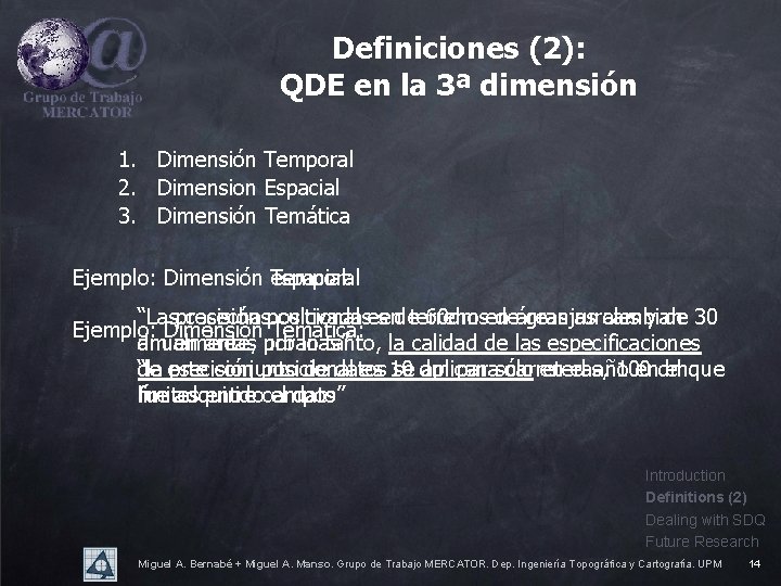 Definiciones (2): QDE en la 3ª dimensión 1. Dimensión Temporal 2. Dimension Espacial 3.