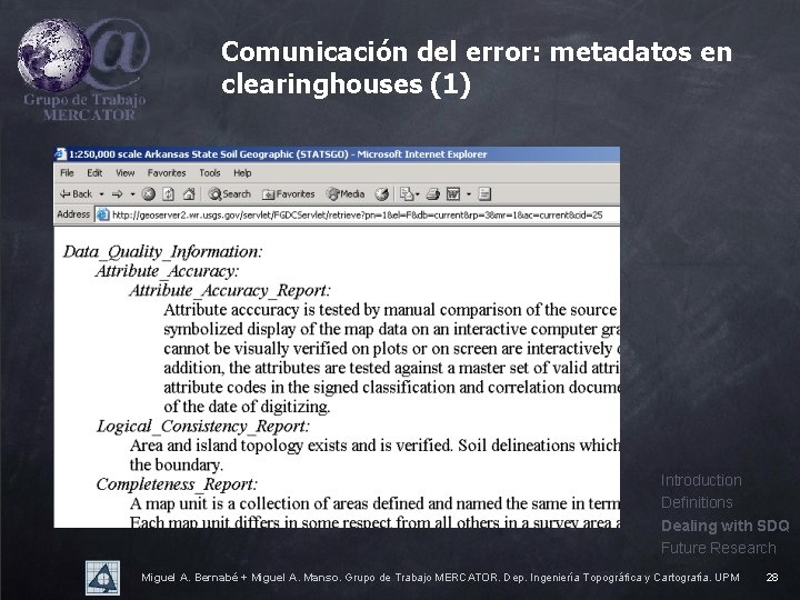 Comunicación del error: metadatos en clearinghouses (1) Introduction Definitions Dealing with SDQ Future Research