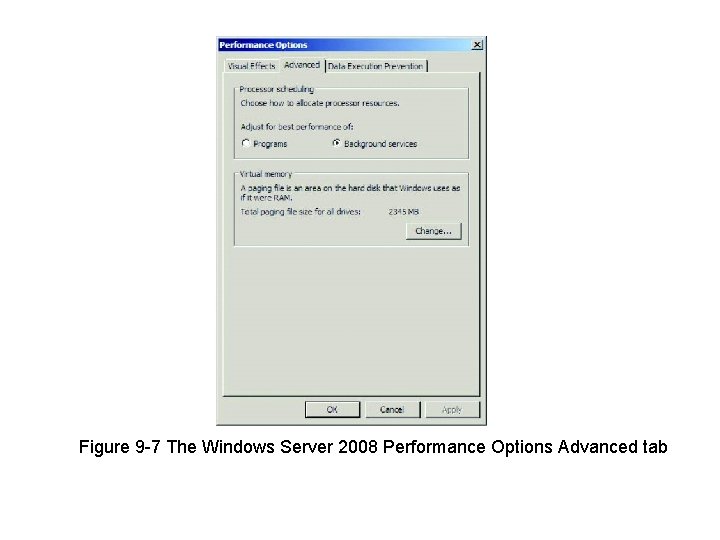 Figure 9 -7 The Windows Server 2008 Performance Options Advanced tab 