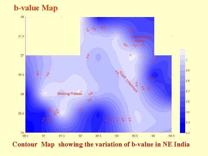 b-value Map Contour Map showing the variation of b-value in NE India 