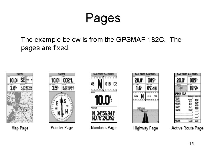 Pages The example below is from the GPSMAP 182 C. The pages are fixed.