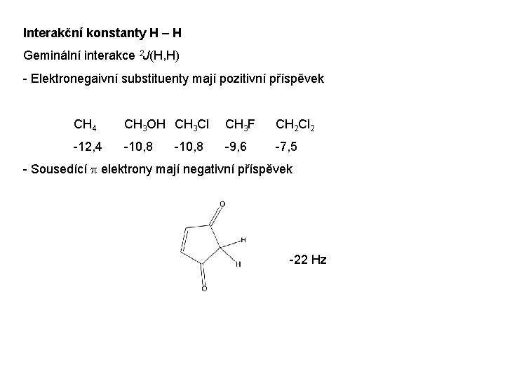 Interakční konstanty H – H Geminální interakce 2 J(H, H) - Elektronegaivní substituenty mají