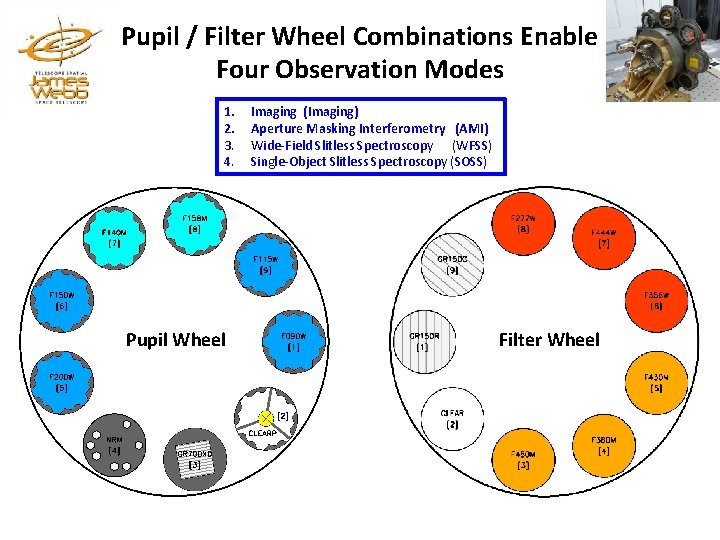 Pupil / Filter Wheel Combinations Enable Four Observation Modes 1. 2. 3. 4. Pupil Pupil / Filter Wheel Combinations Enable Four Observation Modes 1. 2. 3. 4. Pupil