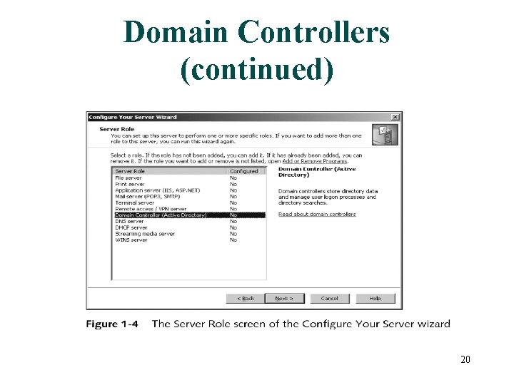 Domain Controllers (continued) 20 