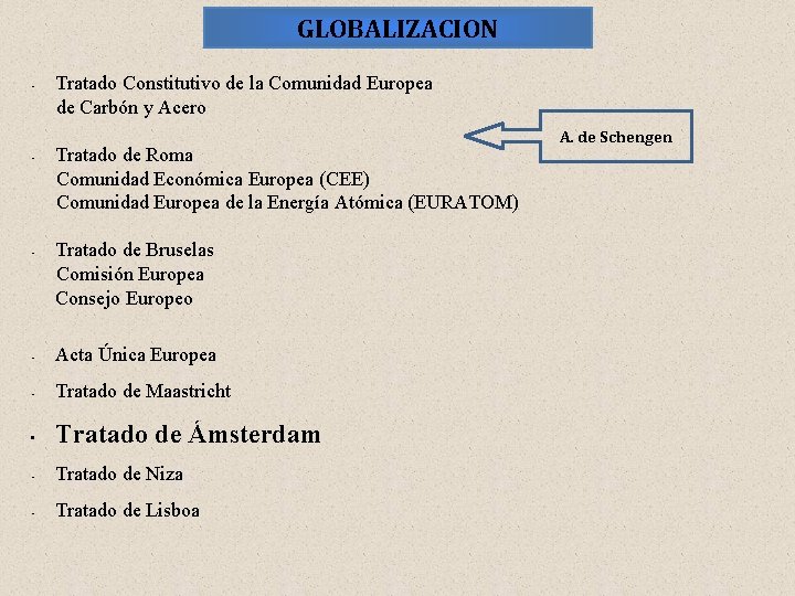 GLOBALIZACION Tratado Constitutivo de la Comunidad Europea de Carbón y Acero • Tratado de