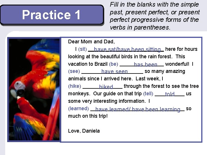 Practice 1 Fill in the blanks with the simple past, present perfect, or present