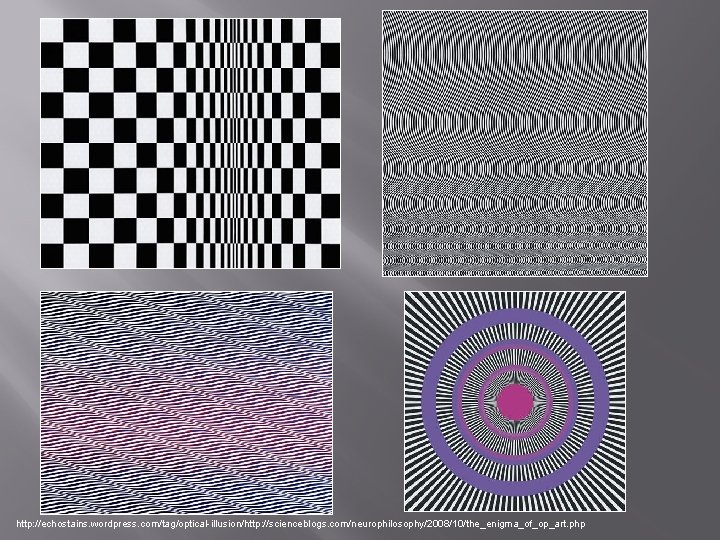 http: //echostains. wordpress. com/tag/optical-illusion/http: //scienceblogs. com/neurophilosophy/2008/10/the_enigma_of_op_art. php 