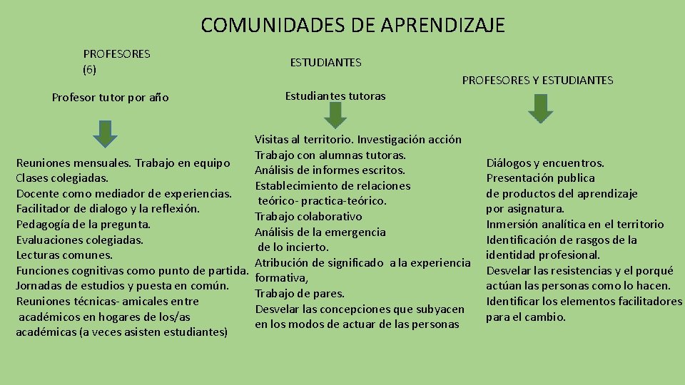 COMUNIDADES DE APRENDIZAJE PROFESORES (6) Profesor tutor por año ESTUDIANTES PROFESORES Y ESTUDIANTES Estudiantes