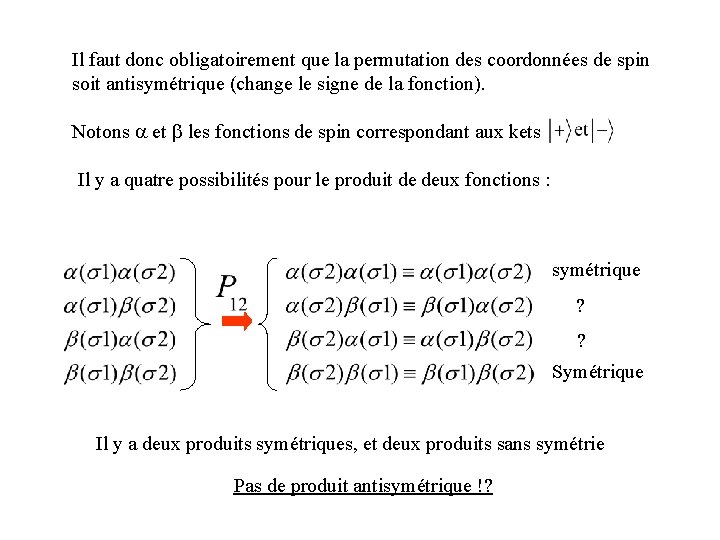 Il faut donc obligatoirement que la permutation des coordonnées de spin soit antisymétrique (change