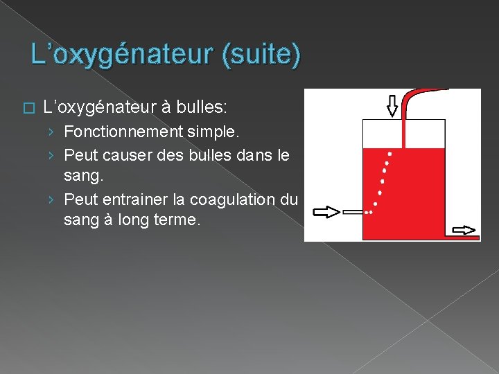 L’oxygénateur (suite) � L’oxygénateur à bulles: › Fonctionnement simple. › Peut causer des bulles