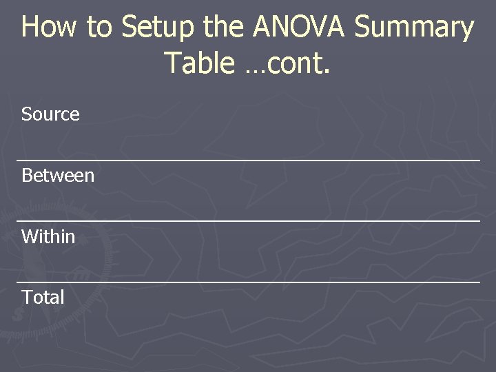 How to Setup the ANOVA Summary Table …cont. Source Between Within Total 
