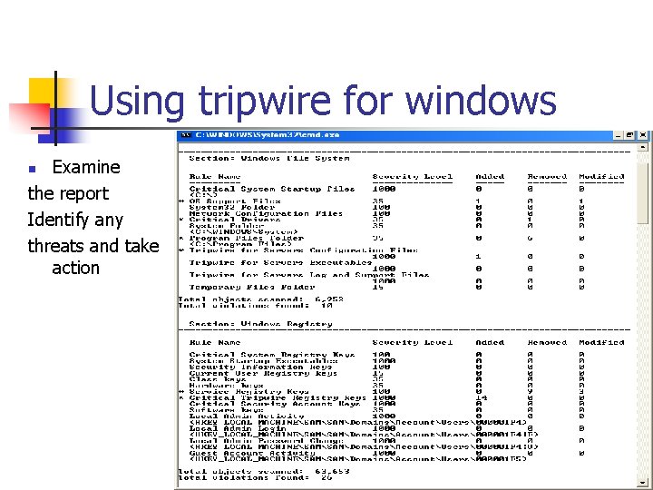 Using tripwire for windows Examine the report Identify any threats and take action n Using tripwire for windows Examine the report Identify any threats and take action n