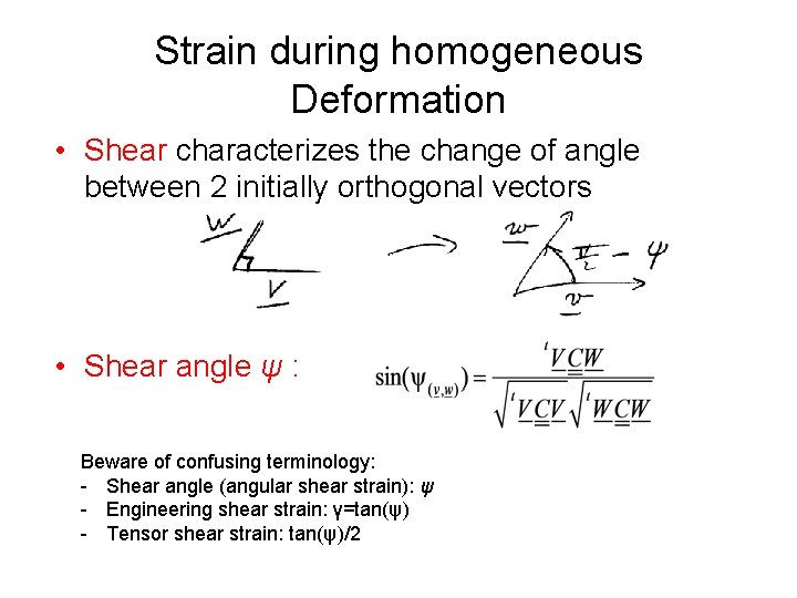 Strain during homogeneous Deformation • Shear characterizes the change of angle between 2 initially