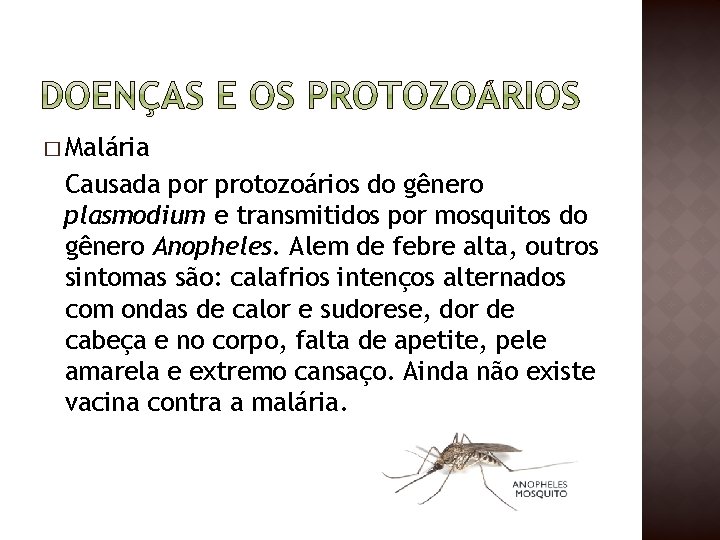 � Malária Causada por protozoários do gênero plasmodium e transmitidos por mosquitos do gênero