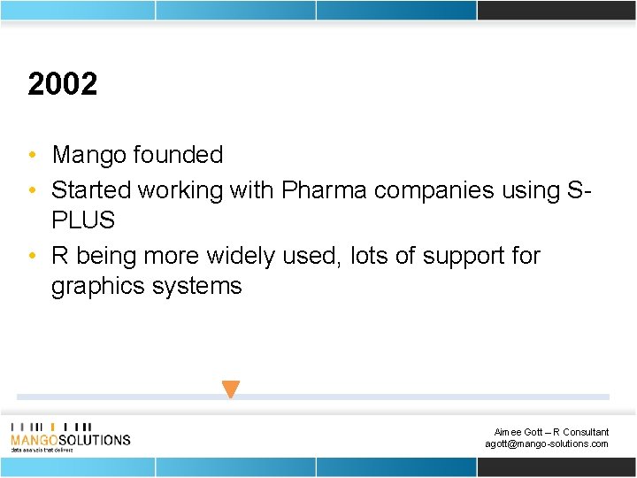 2002 • Mango founded • Started working with Pharma companies using SPLUS • R