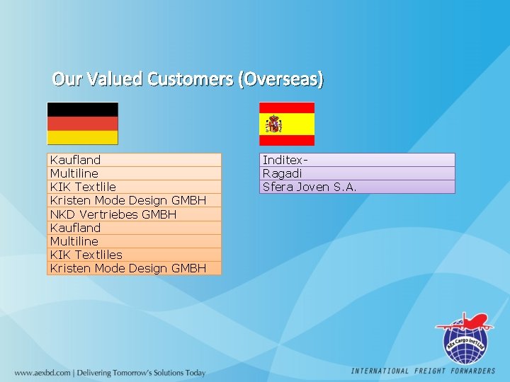 Our Valued Customers (Overseas) Kaufland Multiline KIK Textlile Kristen Mode Design GMBH NKD Vertriebes