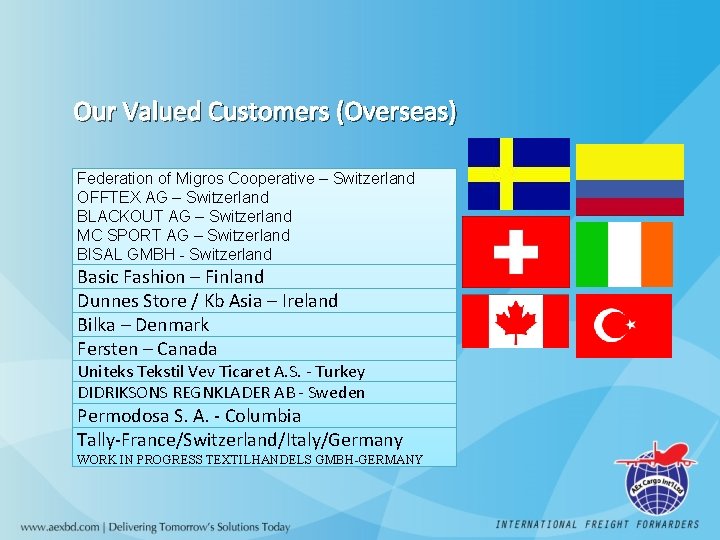 Our Valued Customers (Overseas) Federation of Migros Cooperative – Switzerland OFFTEX AG – Switzerland
