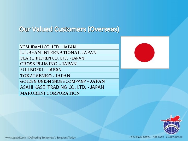 Our Valued Customers (Overseas) YOSHIDAYU CO. LTD – JAPAN L. L. BEAN INTERNATIONAL-JAPAN DEAR