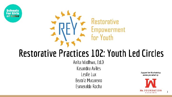 Restorative Practices 102: Youth Led Circles Anita Wadhwa, Ed. D Kasandra Aviles Leslie Lux