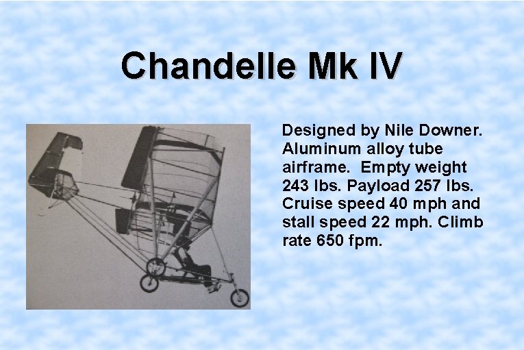 Chandelle Mk IV Designed by Nile Downer. Aluminum alloy tube airframe. Empty weight 243
