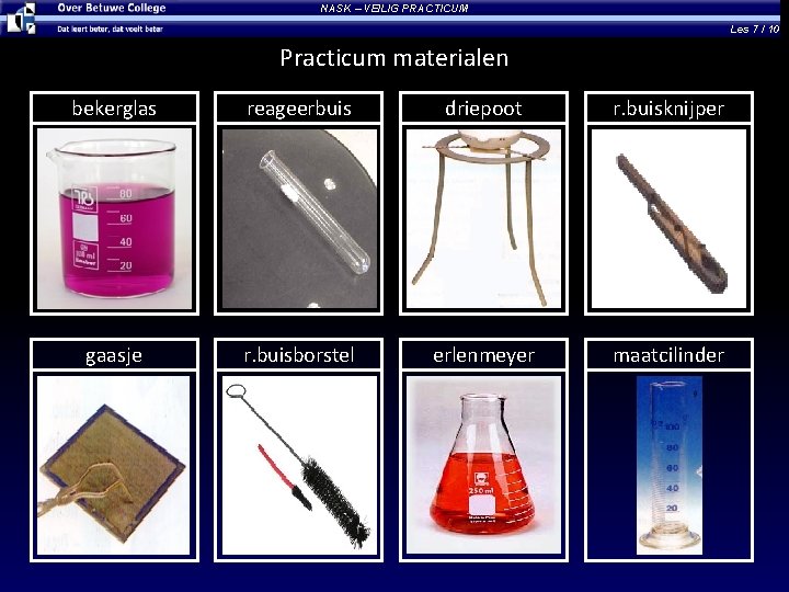 NASK – VEILIG PRACTICUM Les 7 / 10 Practicum materialen bekerglas reageerbuis driepoot r.