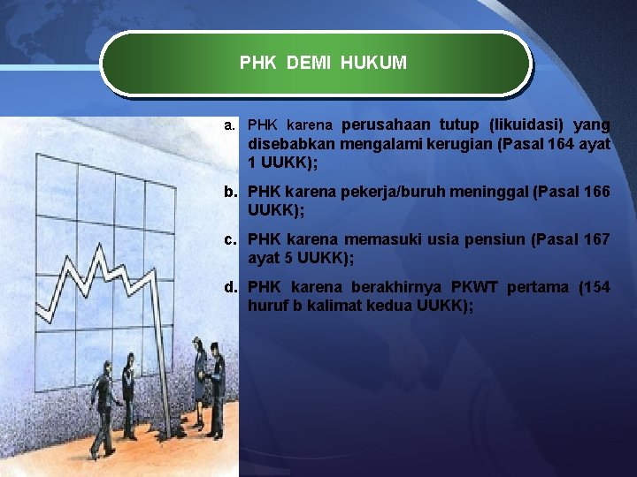 PHK DEMI HUKUM a. PHK karena perusahaan tutup (likuidasi) yang disebabkan mengalami kerugian (Pasal