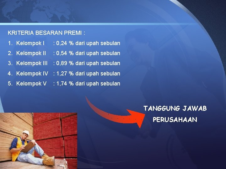 KRITERIA BESARAN PREMI : 1. Kelompok I : 0, 24 % dari upah sebulan