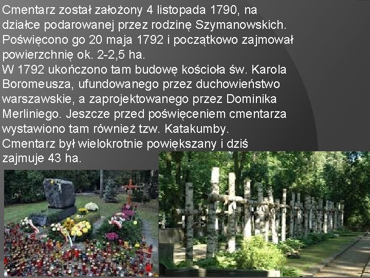 Cmentarz został założony 4 listopada 1790, na działce podarowanej przez rodzinę Szymanowskich. Poświęcono go