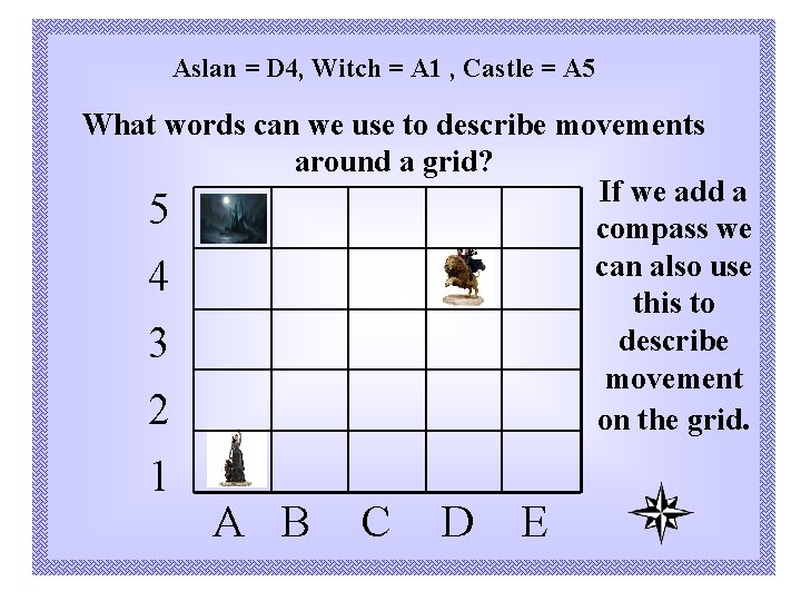 Aslan = D 4, Witch = A 1 , Castle = A 5 What