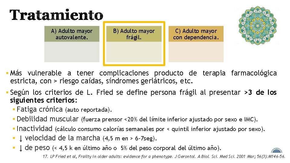 A) Adulto mayor autovalente. B) Adulto mayor frágil. C) Adulto mayor con dependencia. §