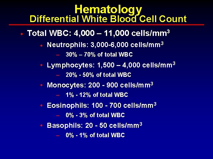 Hematology Differential White Blood Cell Count · Total WBC: 4, 000 – 11, 000 Hematology Differential White Blood Cell Count · Total WBC: 4, 000 – 11, 000