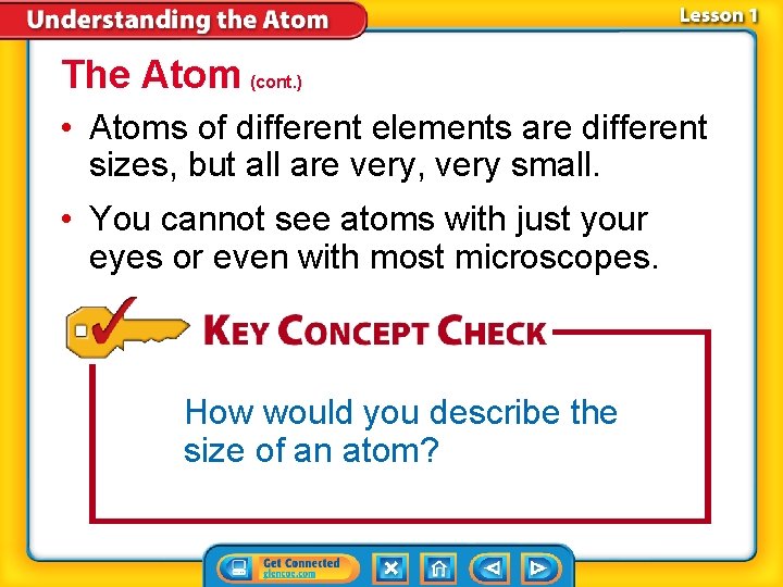 The Atom (cont. ) • Atoms of different elements are different sizes, but all