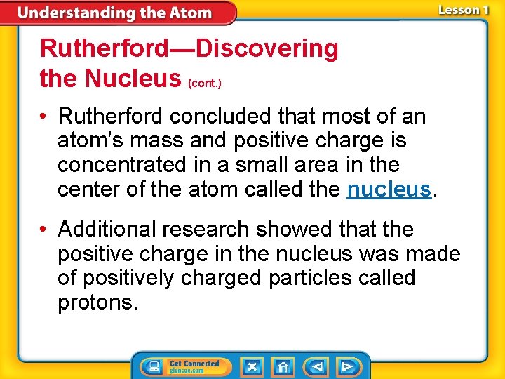 Rutherford—Discovering the Nucleus (cont. ) • Rutherford concluded that most of an atom’s mass
